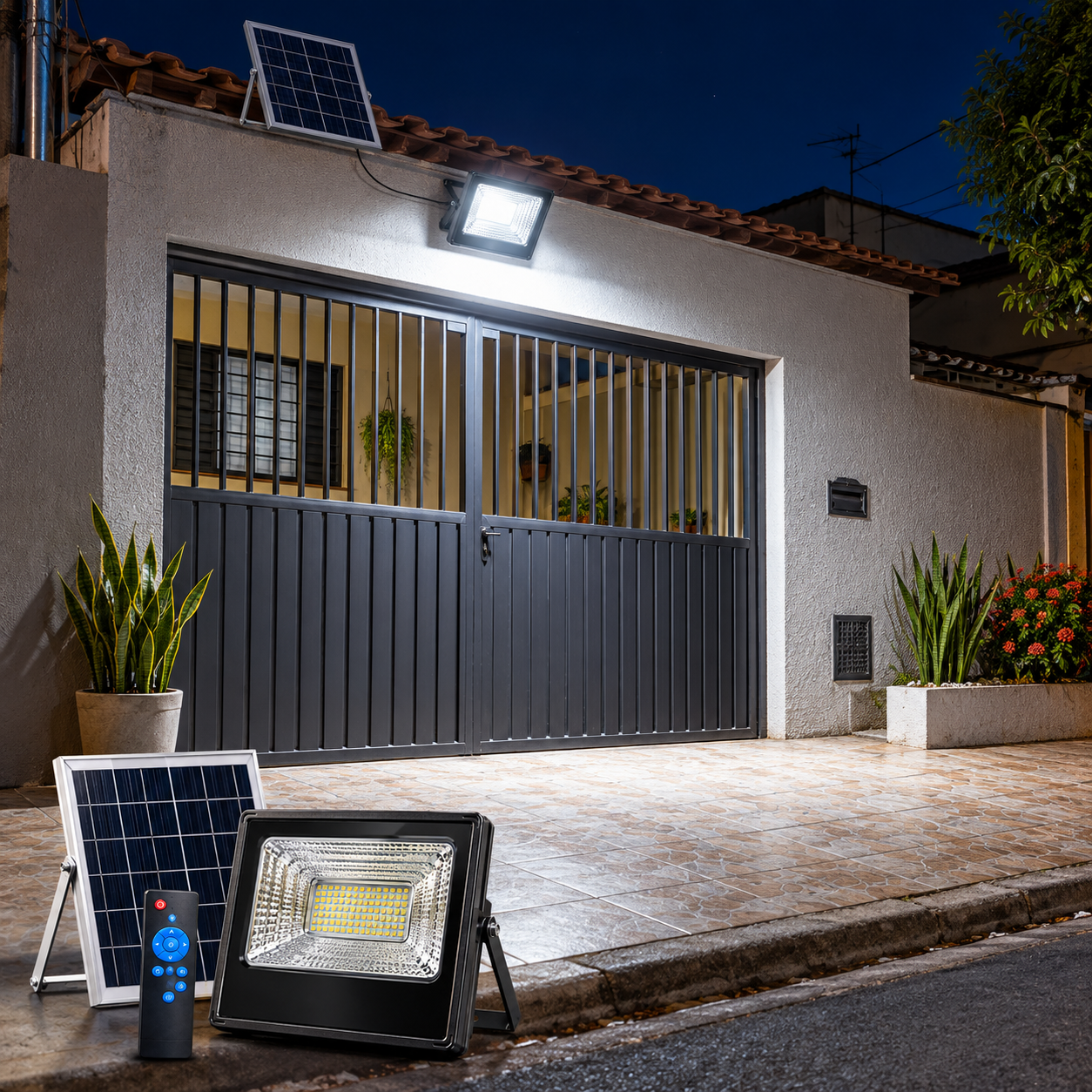 Casa simples com portão iluminado por refletor solar