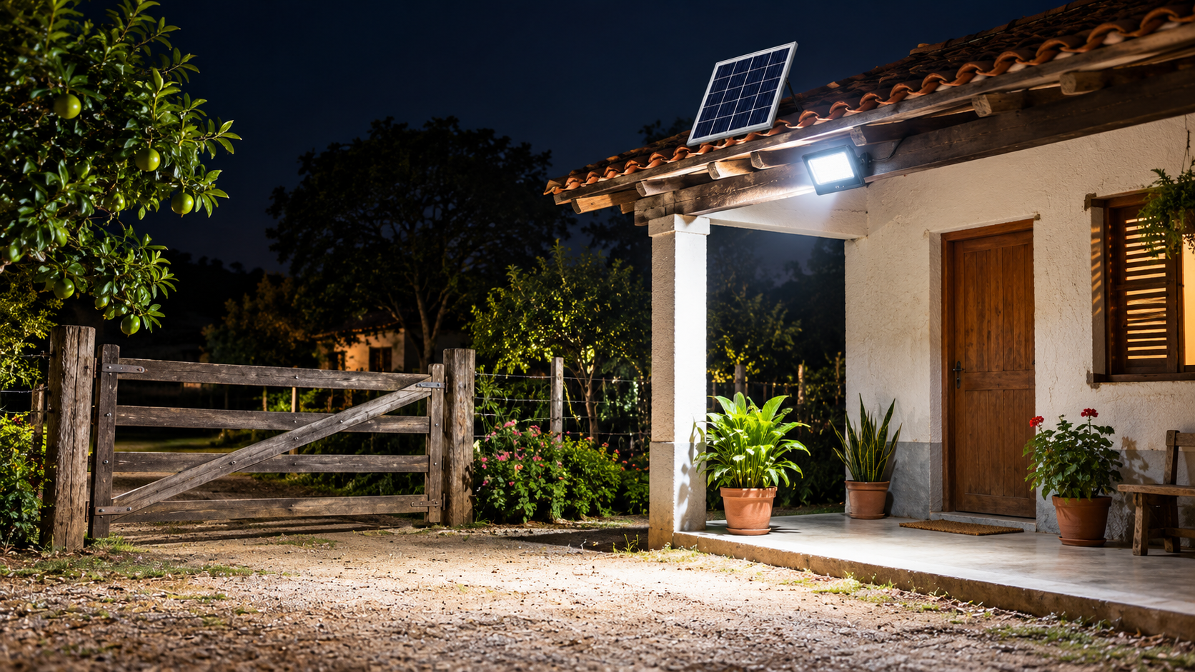Casa simples de sítio iluminada pelo refletor solar